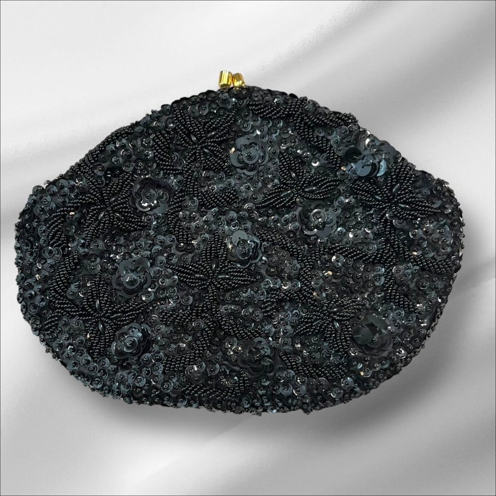 VTG Made in Hong Kong Small Black Beaded Clutch Purse w/ Yellow Satin Interior